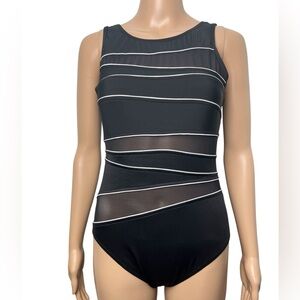 Miraclesuit Spectra Somerset Black Striped Sheer Mesh Cutout One Piece Swimsuit